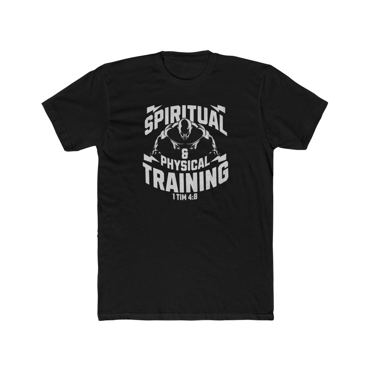 A black t-shirt with white text that reads 'Spiritual & Physical Training' and a graphic representing physical training.