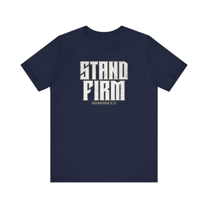 Navy blue t-shirt with 'STAND FIRM' text on a white background