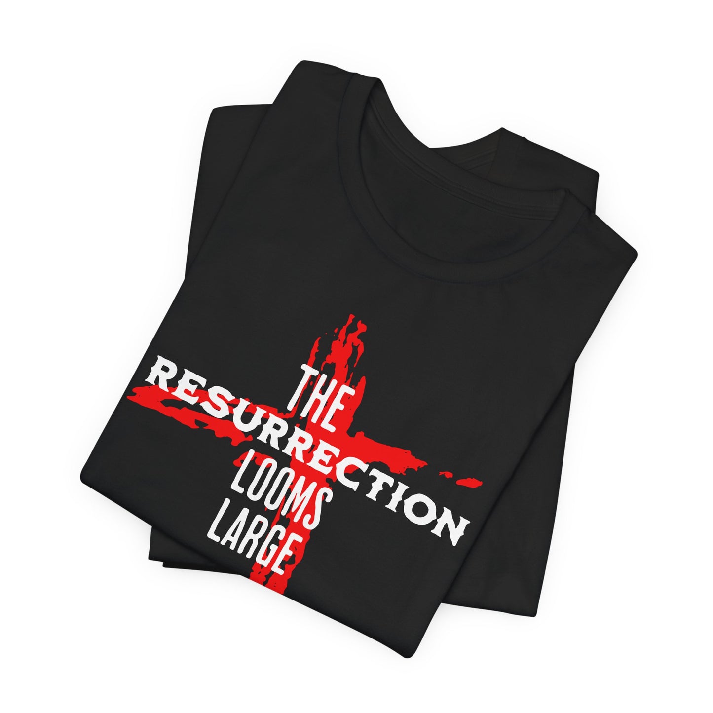 Black t-shirt with red and white graphic design on a white background