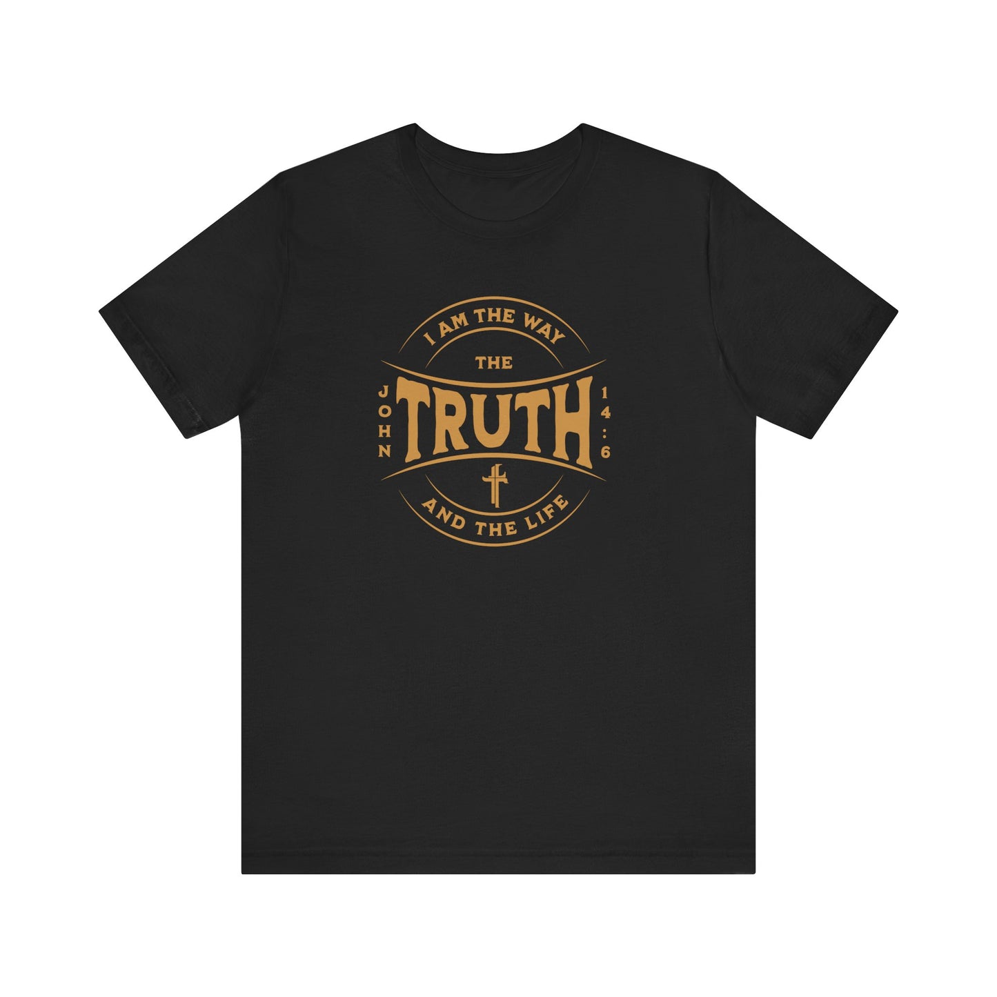 Black t-shirt with gold text and cross design on a white background