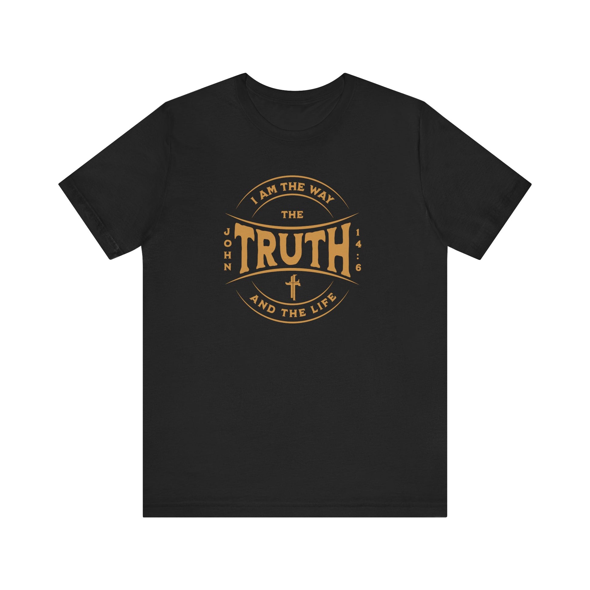 Black t-shirt with gold text and cross design on a white background