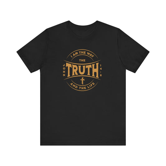 Black t-shirt with gold text and cross design on a white background
