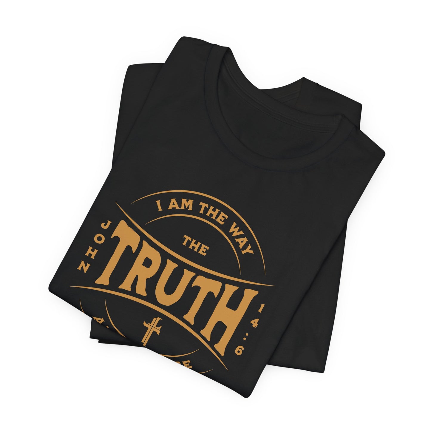 Black t-shirt with gold text and design on a white background