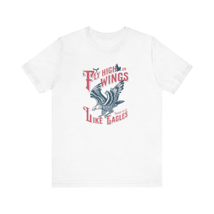 White t-shirt with eagle graphic and text on a white background