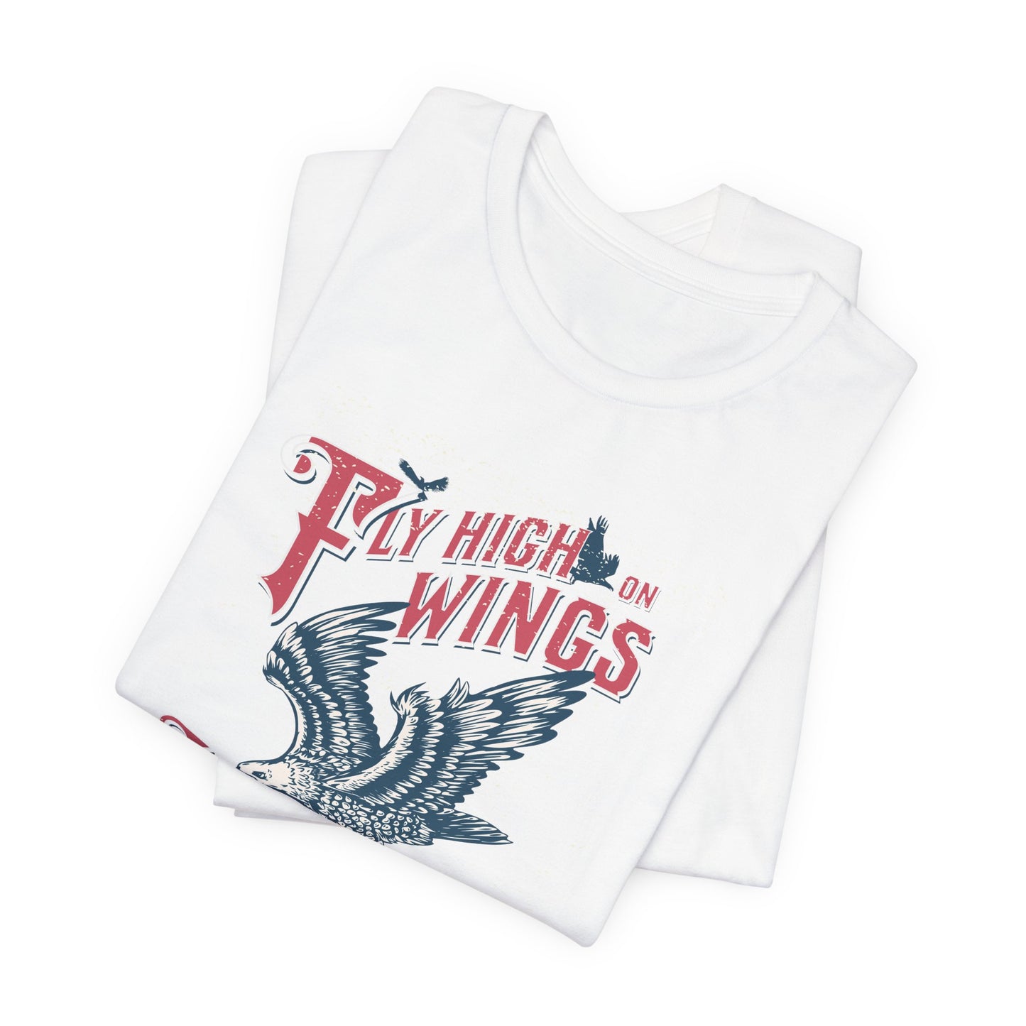 White tank top with 'Fly High on Wings' design on a white background