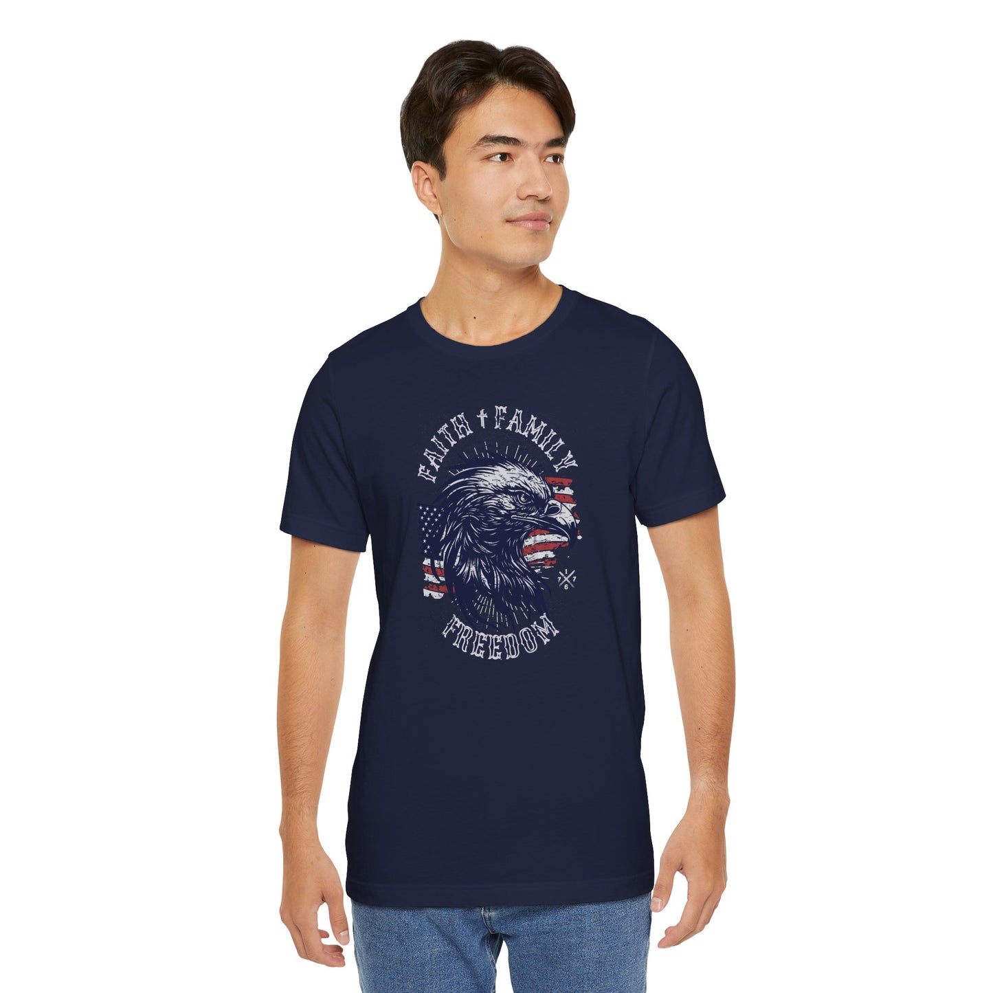 Man wearing a navy blue t-shirt with an eagle graphic and text on a white background